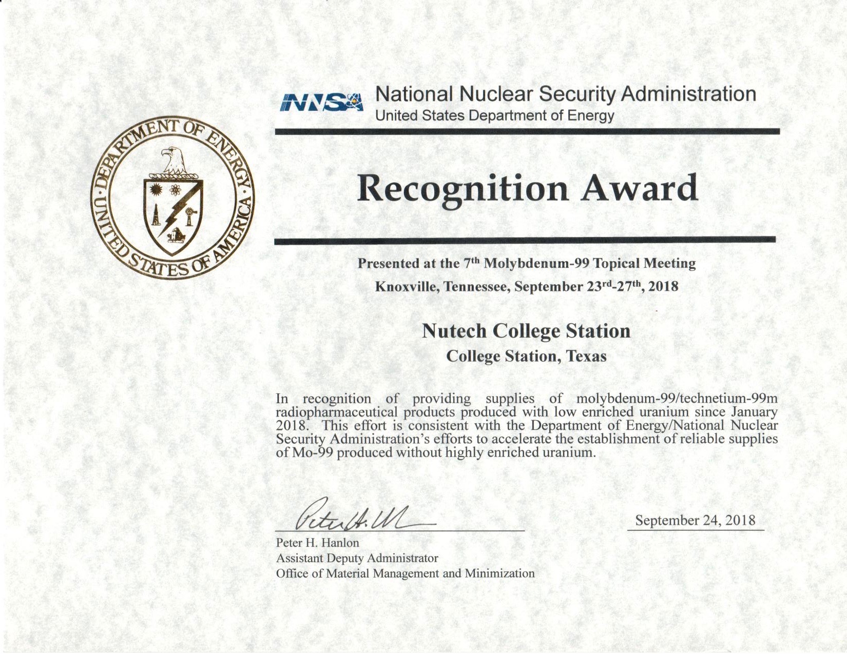 College Station award certificate